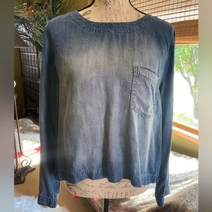 Worn 1x! High low split back boxy denim long sleeve shirt round neck. Like new!
